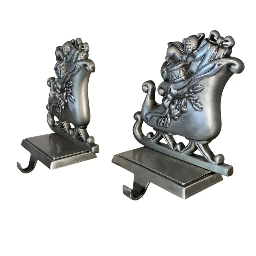Set of 2 Santa's Sleigh Pewter Finish Christmas Stocking Hanger Hook Santa Claus